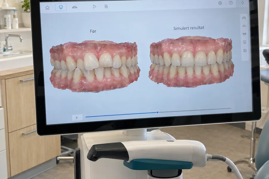 3D-skanning av tennene på klinikken, før og simulert resultat på skjerm